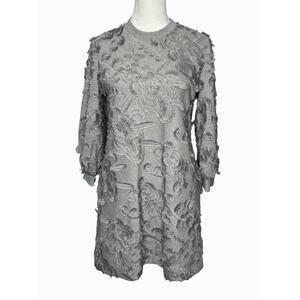 Pearl by Lela Rose Dress Small Gray 3D Floral Appliqué Textured Knit Tunic Shift